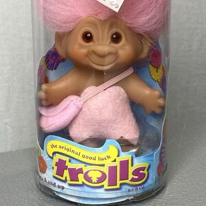Vtg The Original Good Luck Trolls Doll Pink Hair Bag Dress Dam 2006 Play Along